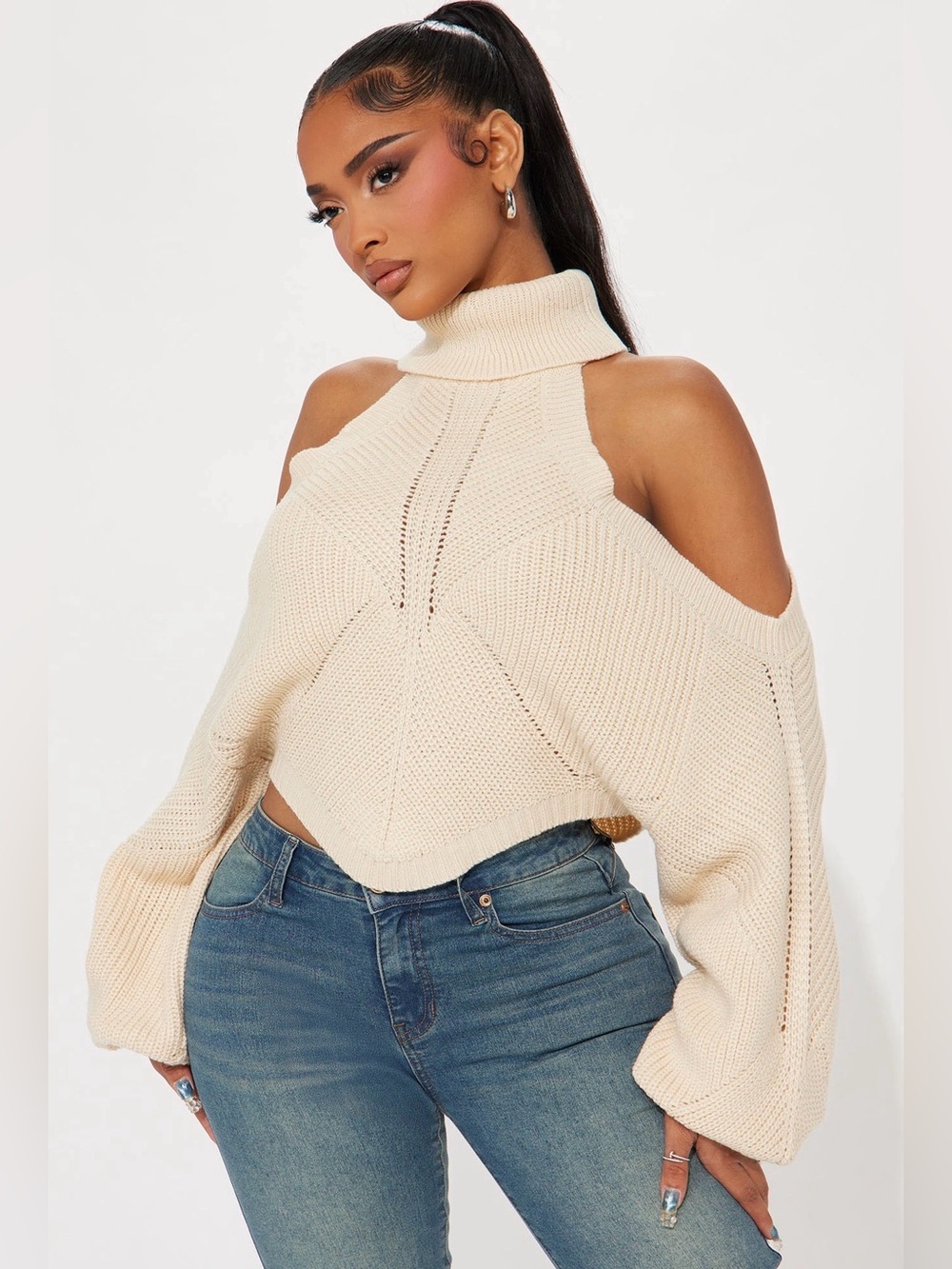 Fashion Nova Cream Cold-Shoulder Turtleneck Sweater